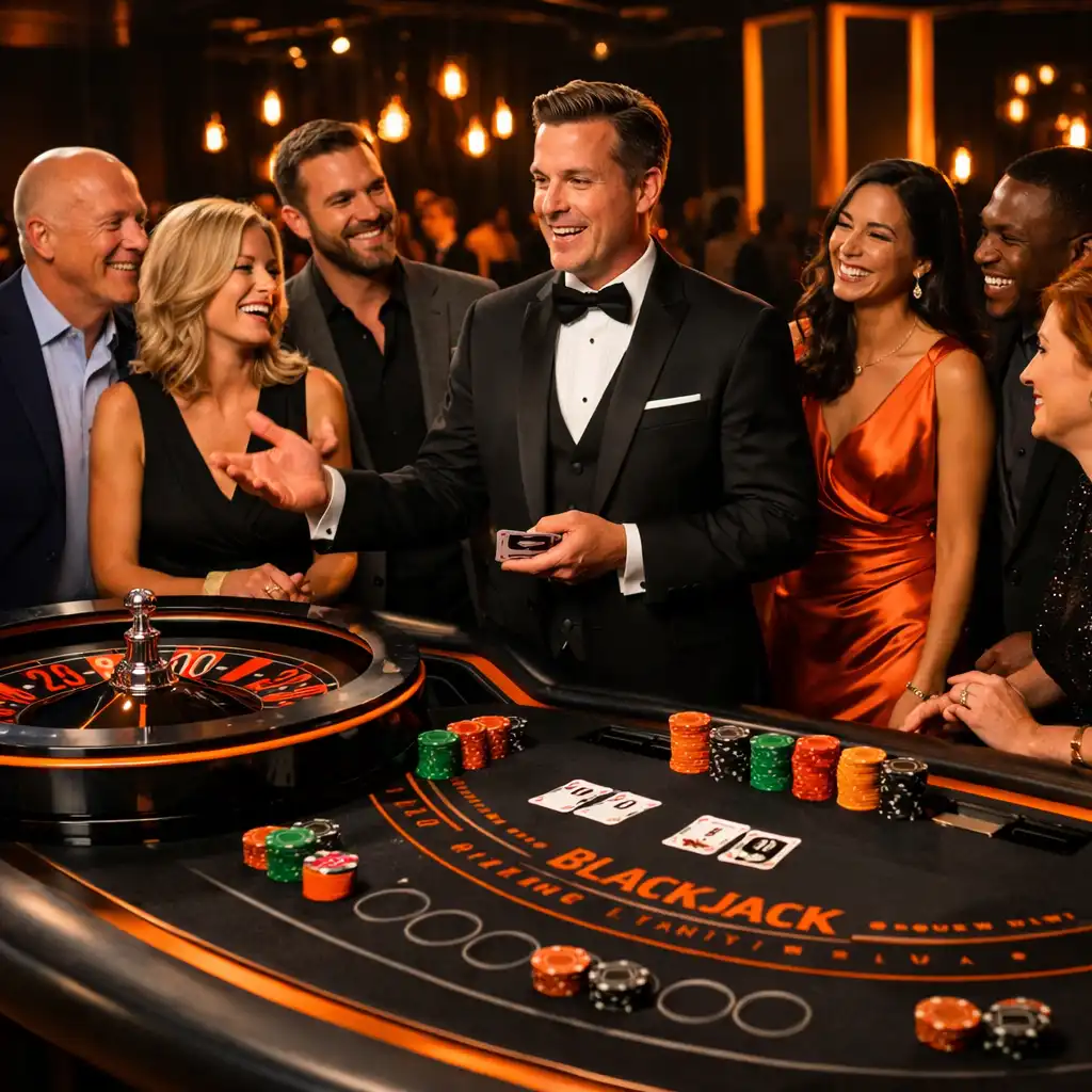 Stół do ruletki i blackjacka przygotowany na rekreacyjny event firmowy w stylistyce premium